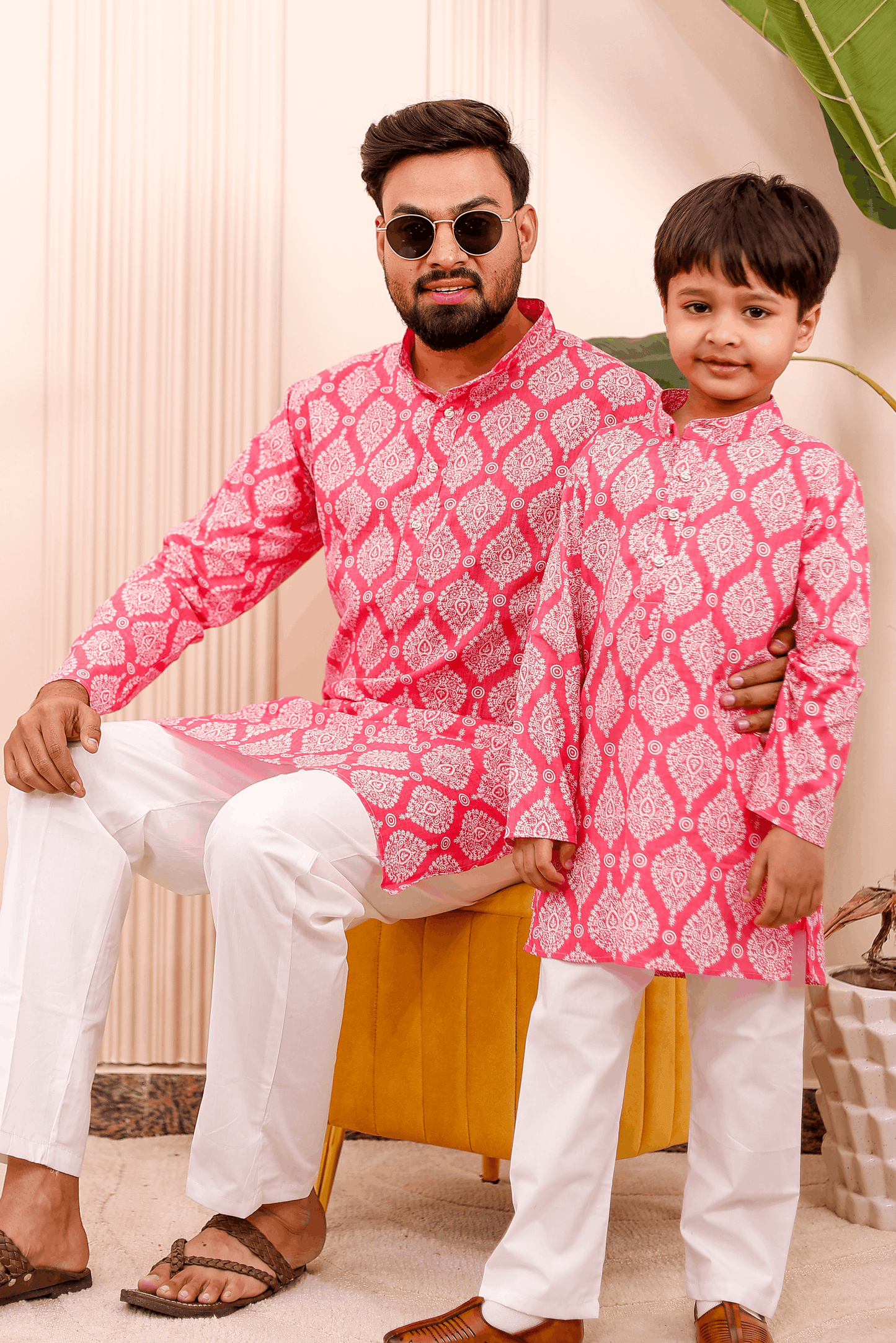 Father-Son Pink Ikkat Print Kurta Pajama Combo Set