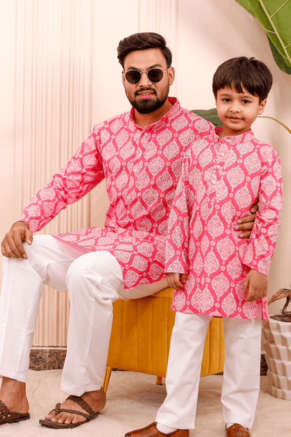 Father-Son Pink Ikkat Print Kurta Pajama Combo Set