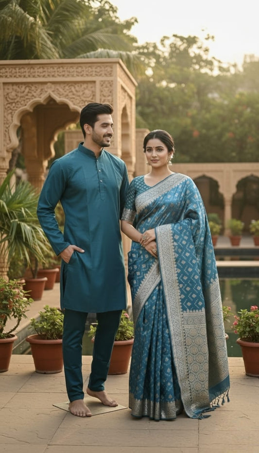 Heritage Blue Couple Matching Outfit | Festive Ethnic Wear 🎊