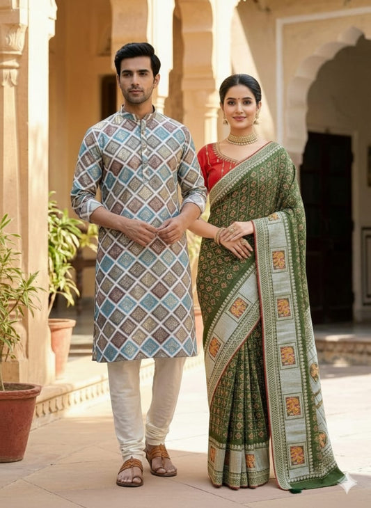 Olive Green Banarasi Couple Wear 👑
