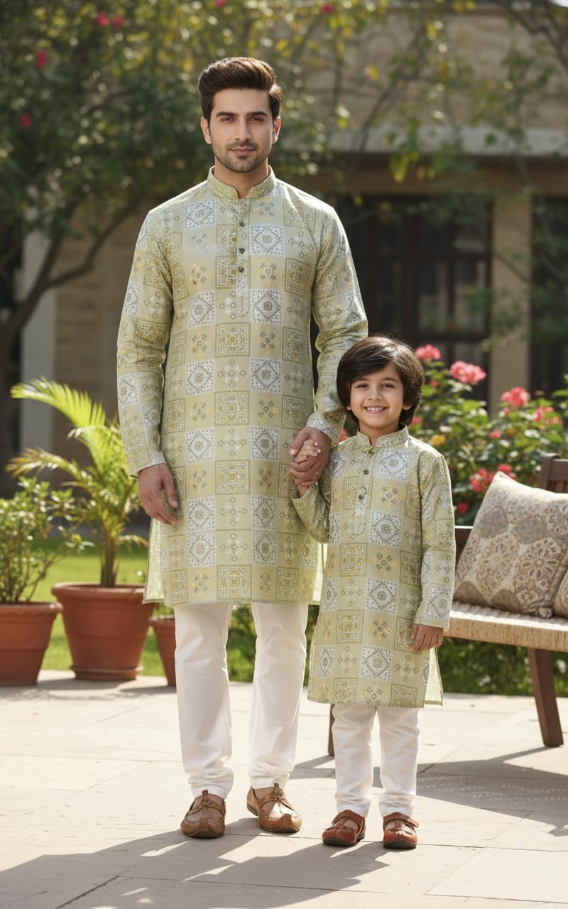 Father–Son Royal Mint Printed Kurta Pajama Combo Set 🌿