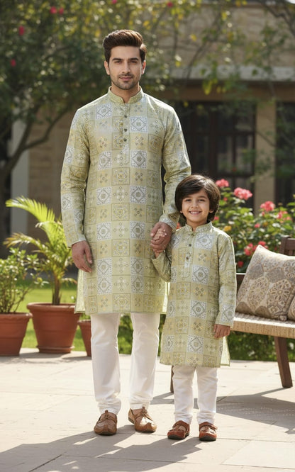 Father–Son Royal Mint Printed Kurta Pajama Combo Set 🌿