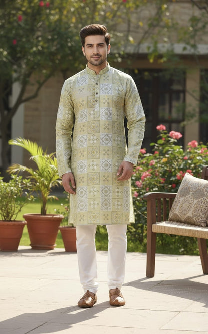 Father–Son Royal Mint Printed Kurta Pajama Combo Set 🌿