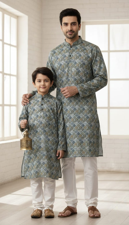 👨‍👦 Father–Son Grey Printed Kurta Pajama Combo Set 🩶