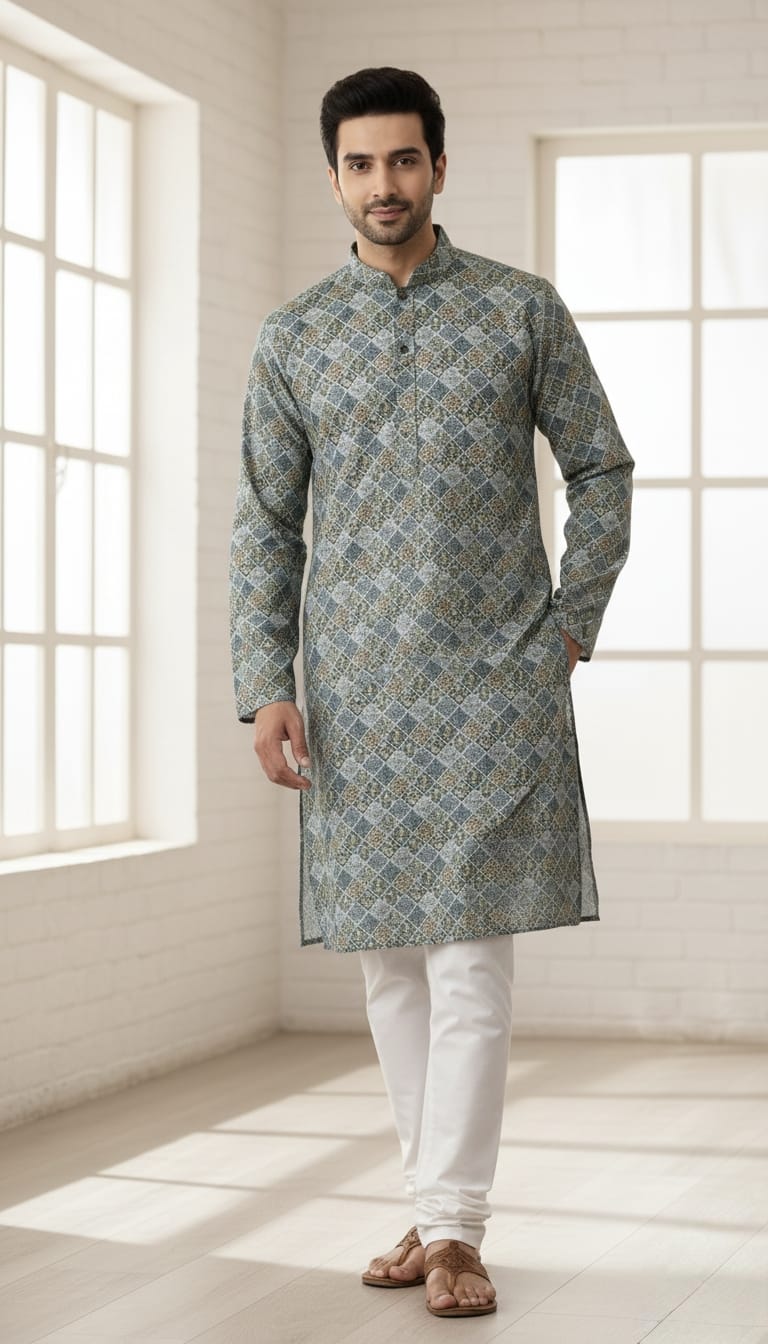 👨‍👦 Father–Son Grey Printed Kurta Pajama Combo Set 🩶
