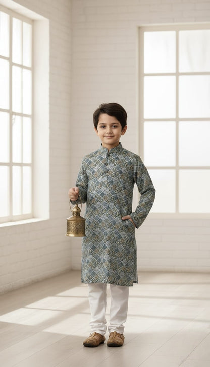 👨‍👦 Father–Son Grey Printed Kurta Pajama Combo Set 🩶