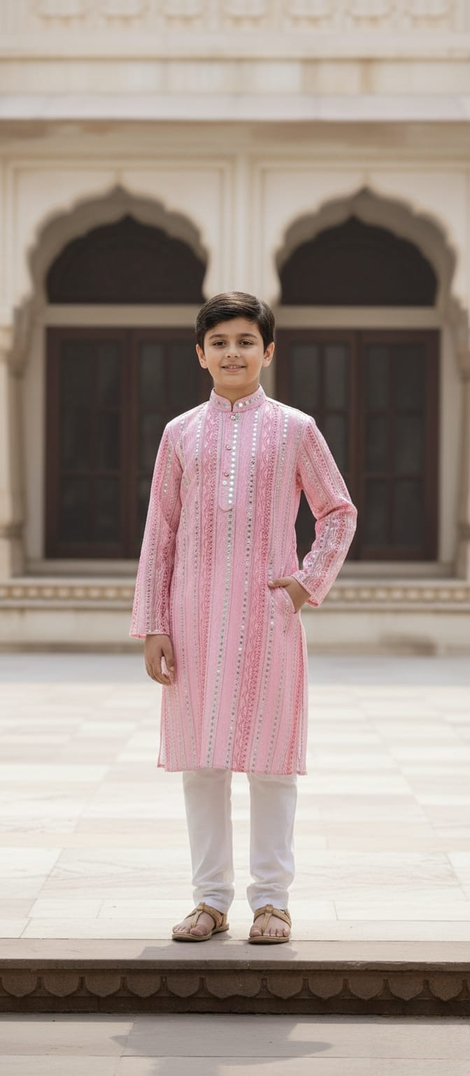 Father-Son Pink Mirror Work Kurta Pajama Combo Set