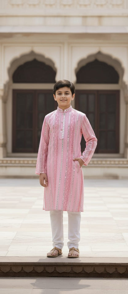 Father-Son Pink Mirror Work Kurta Pajama Combo Set
