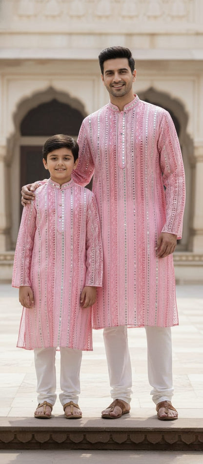 Father-Son Pink Mirror Work Kurta Pajama Combo Set