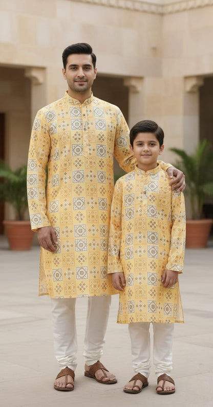 Father-Son Yellow Printed Kurta Pajama Combo Set