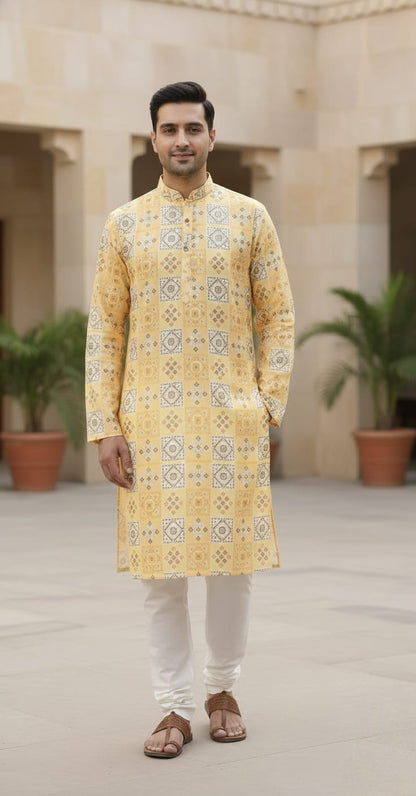 Father-Son Yellow Printed Kurta Pajama Combo Set
