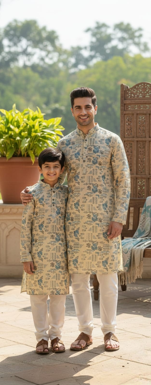 Father-Son Beige Floral Printed Kurta Pajama Combo Set