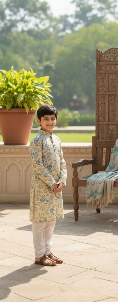 Father-Son Beige Floral Printed Kurta Pajama Combo Set