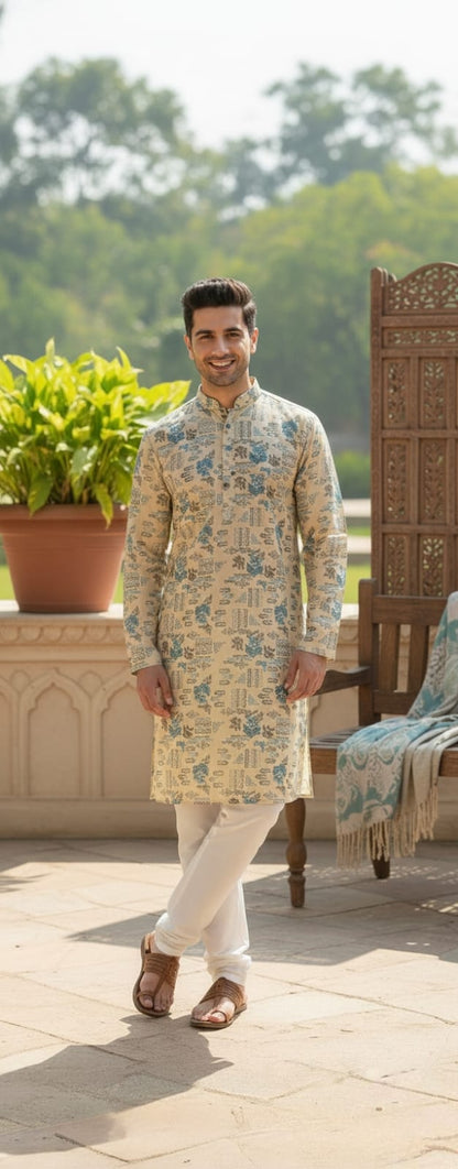 Father-Son Beige Floral Printed Kurta Pajama Combo Set