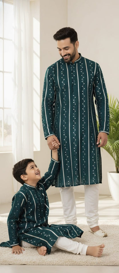 Father-Son Emerald Mirror Work Kurta Pajama Combo Set