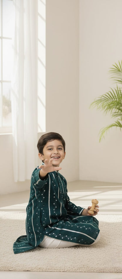 Father-Son Emerald Mirror Work Kurta Pajama Combo Set