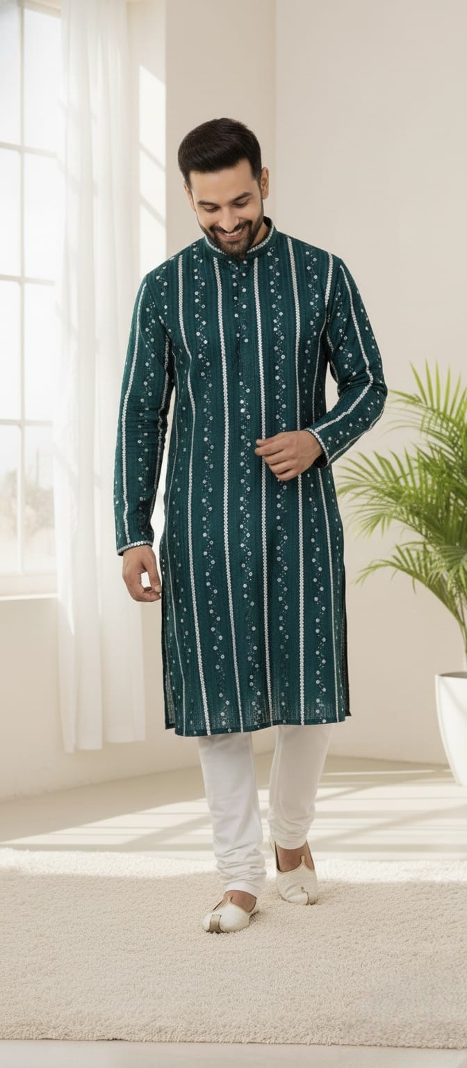 Father-Son Emerald Mirror Work Kurta Pajama Combo Set