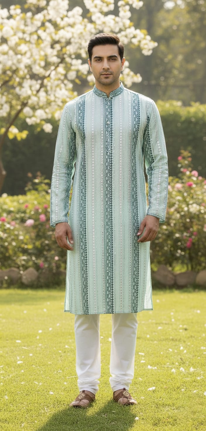 Father–Son Pastel Green Mirror Work Kurta Pajama Combo Set 💚