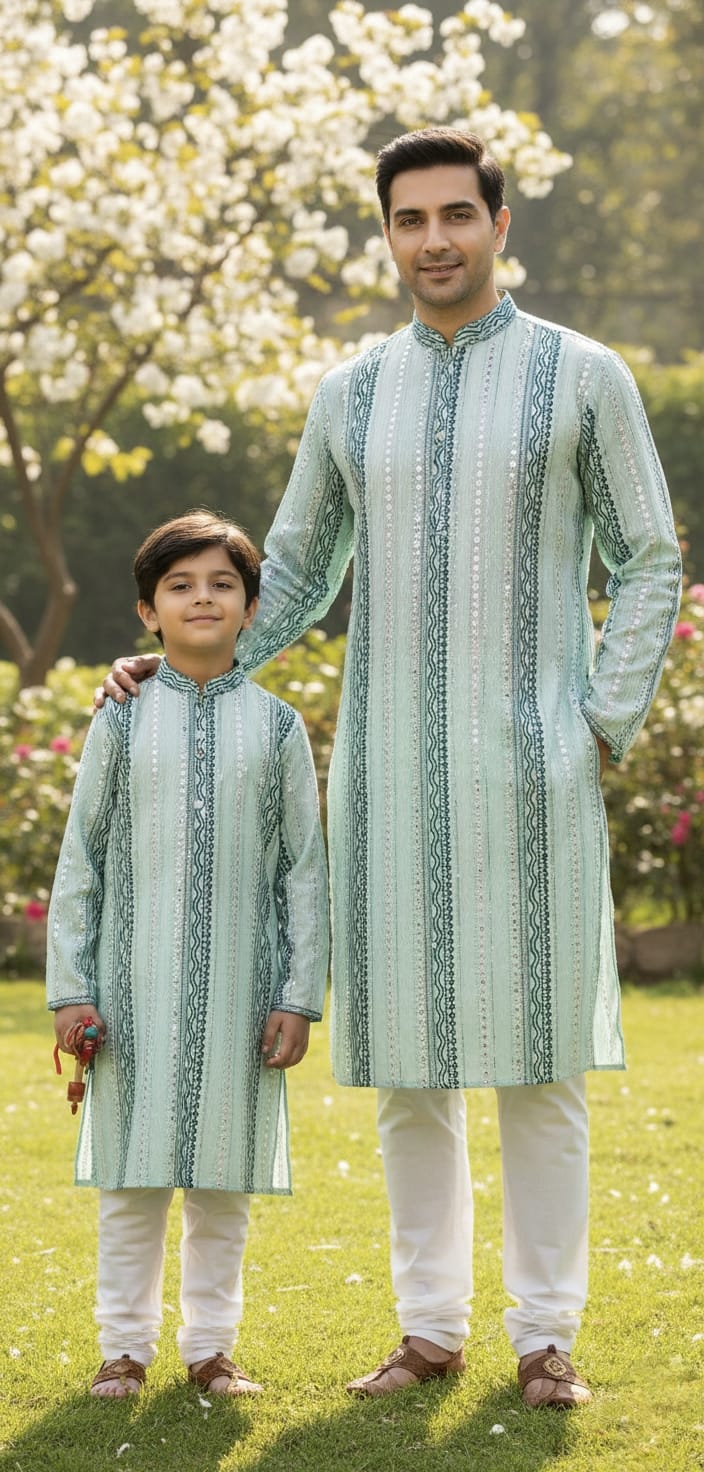 Father–Son Pastel Green Mirror Work Kurta Pajama Combo Set 💚