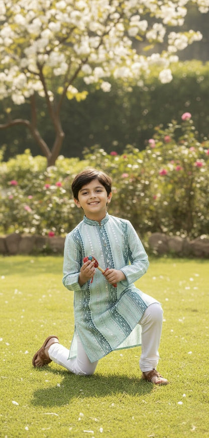 Father–Son Pastel Green Mirror Work Kurta Pajama Combo Set 💚