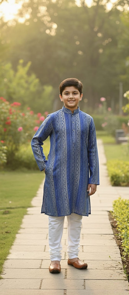 Father-Son Royal Blue Mirror Work Kurta Pajama Combo Set