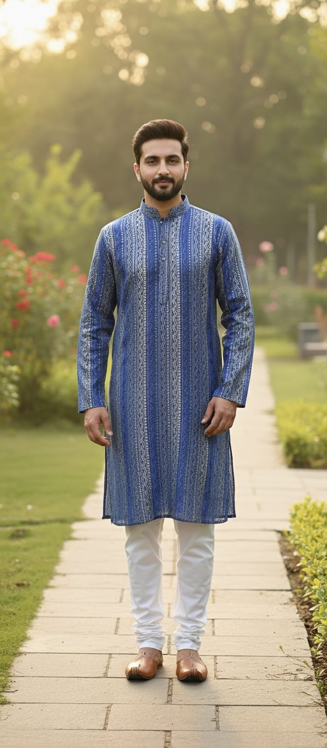 Father-Son Royal Blue Mirror Work Kurta Pajama Combo Set