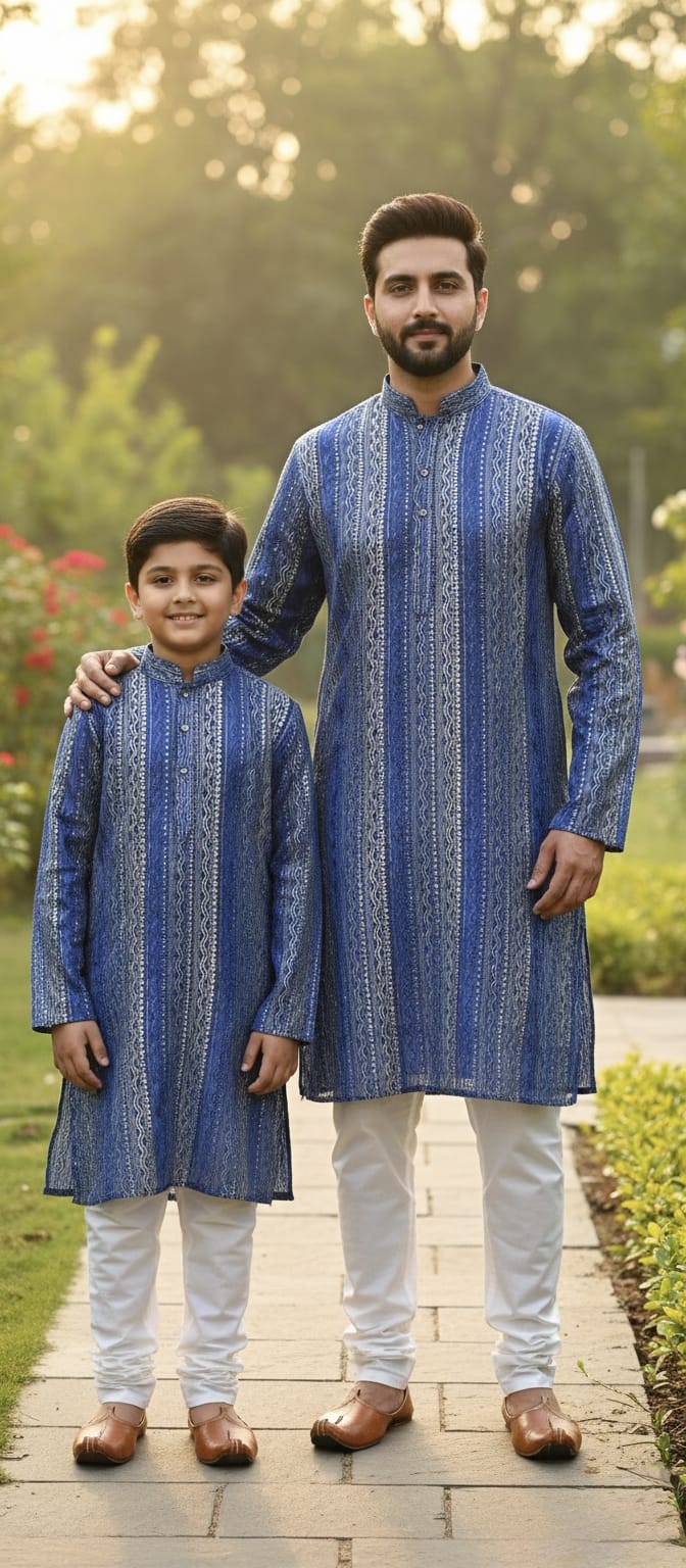 Father-Son Royal Blue Mirror Work Kurta Pajama Combo Set