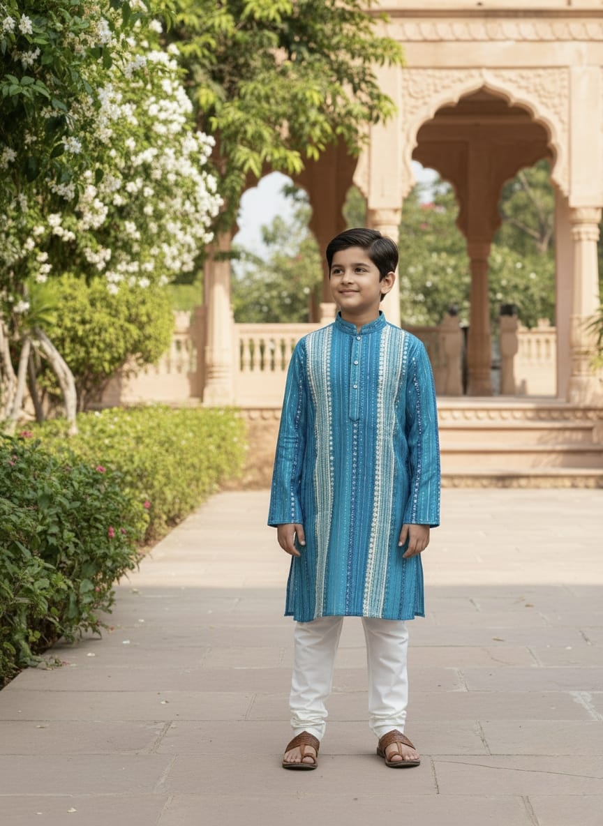 Father-Son Ocean Blue Mirror Work Kurta Pajama Combo Set