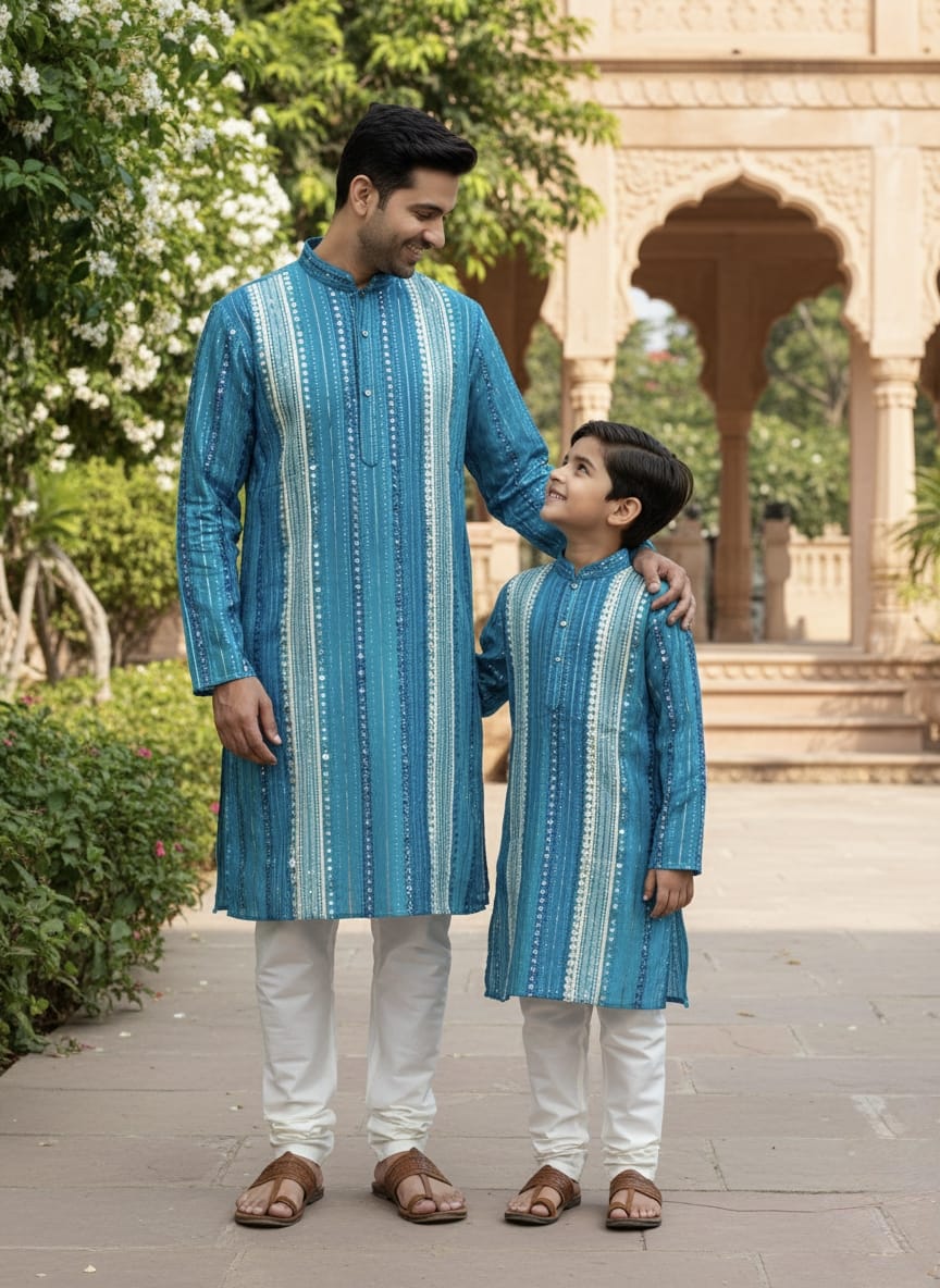 Father-Son Ocean Blue Mirror Work Kurta Pajama Combo Set