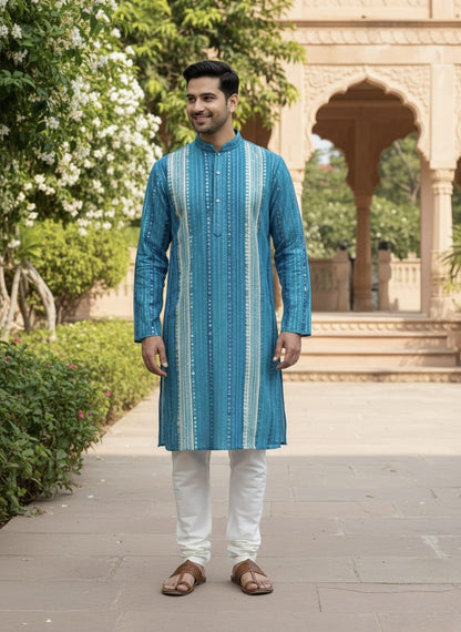Father-Son Ocean Blue Mirror Work Kurta Pajama Combo Set