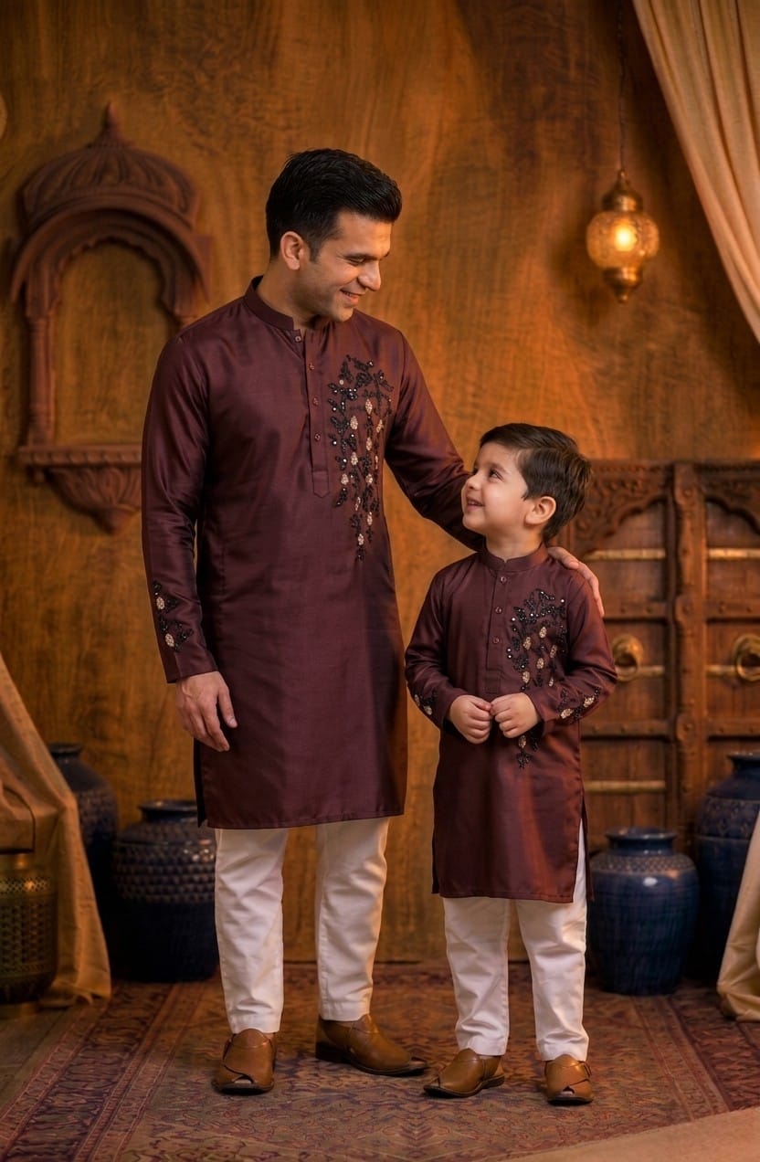 Father-Son Maroon Emroidered Kurta Pajama Combo Set
