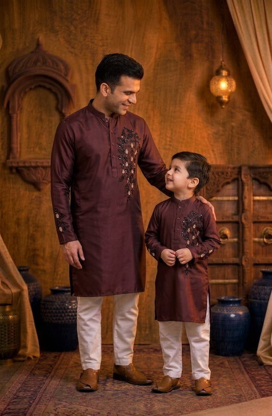 Father-Son Maroon Emroidered Kurta Pajama Combo Set