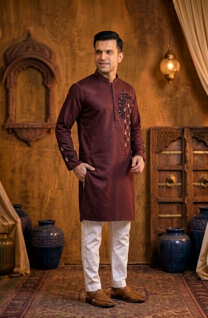 Father-Son Maroon Emroidered Kurta Pajama Combo Set