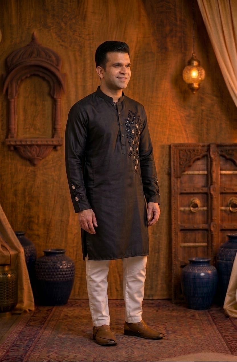 Father-Son Black Emroidered Kurta Pajama Combo Set