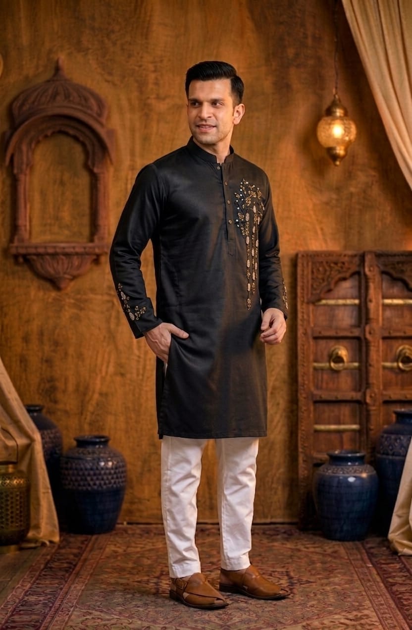 Father-Son Black Emroidered Kurta Pajama Combo Set