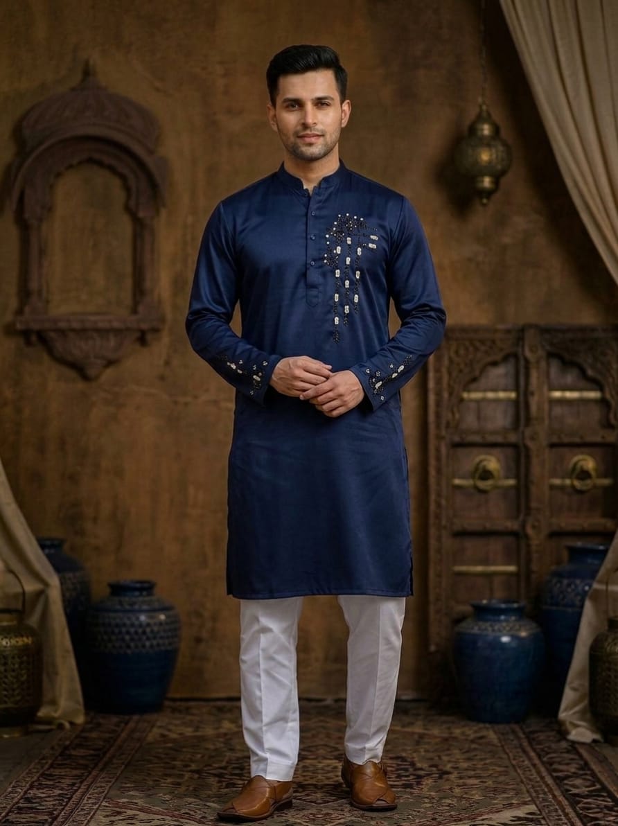 Father-Son Blue Emroidered Kurta Pajama Combo Set