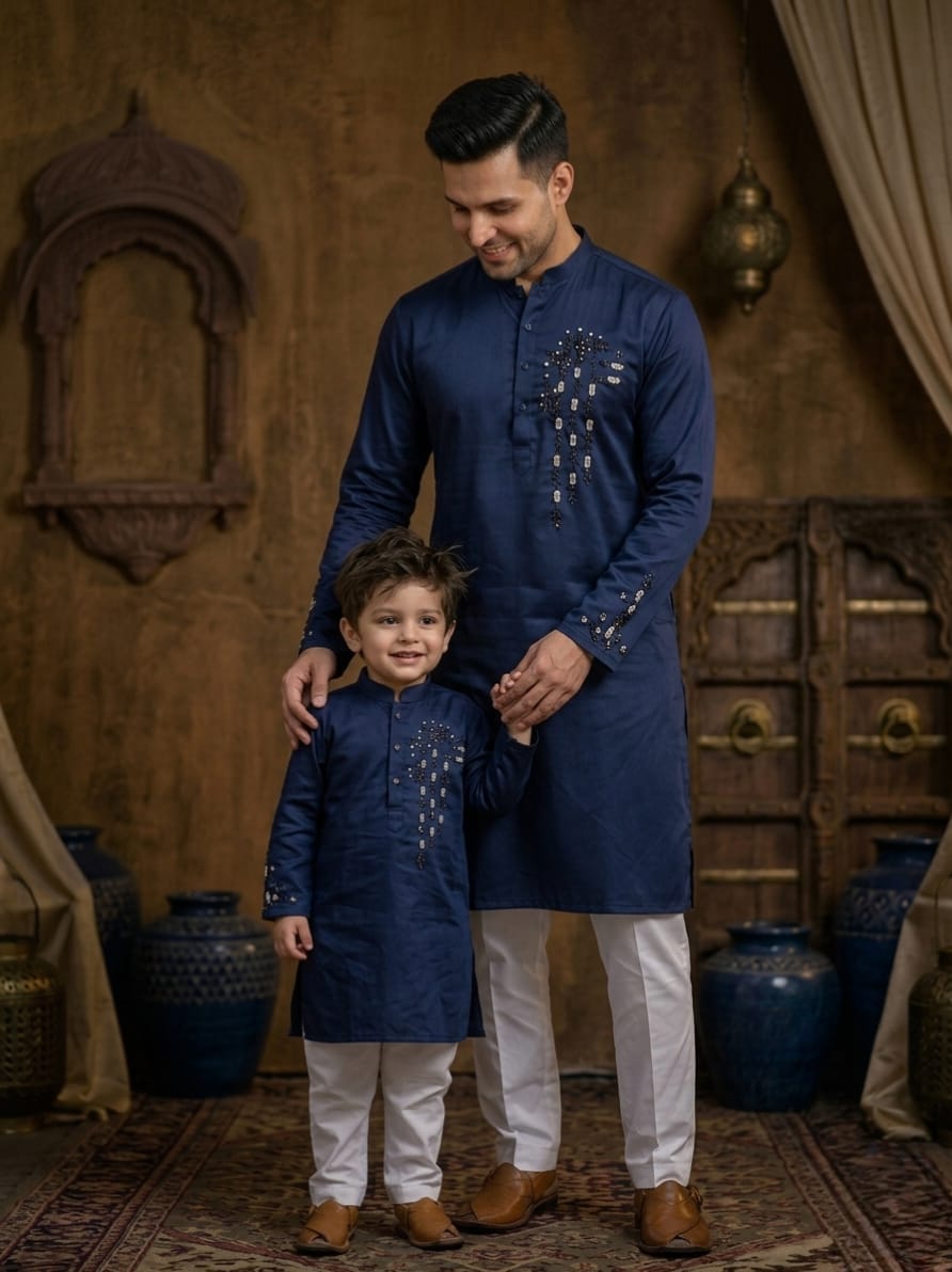 Father-Son Blue Emroidered Kurta Pajama Combo Set
