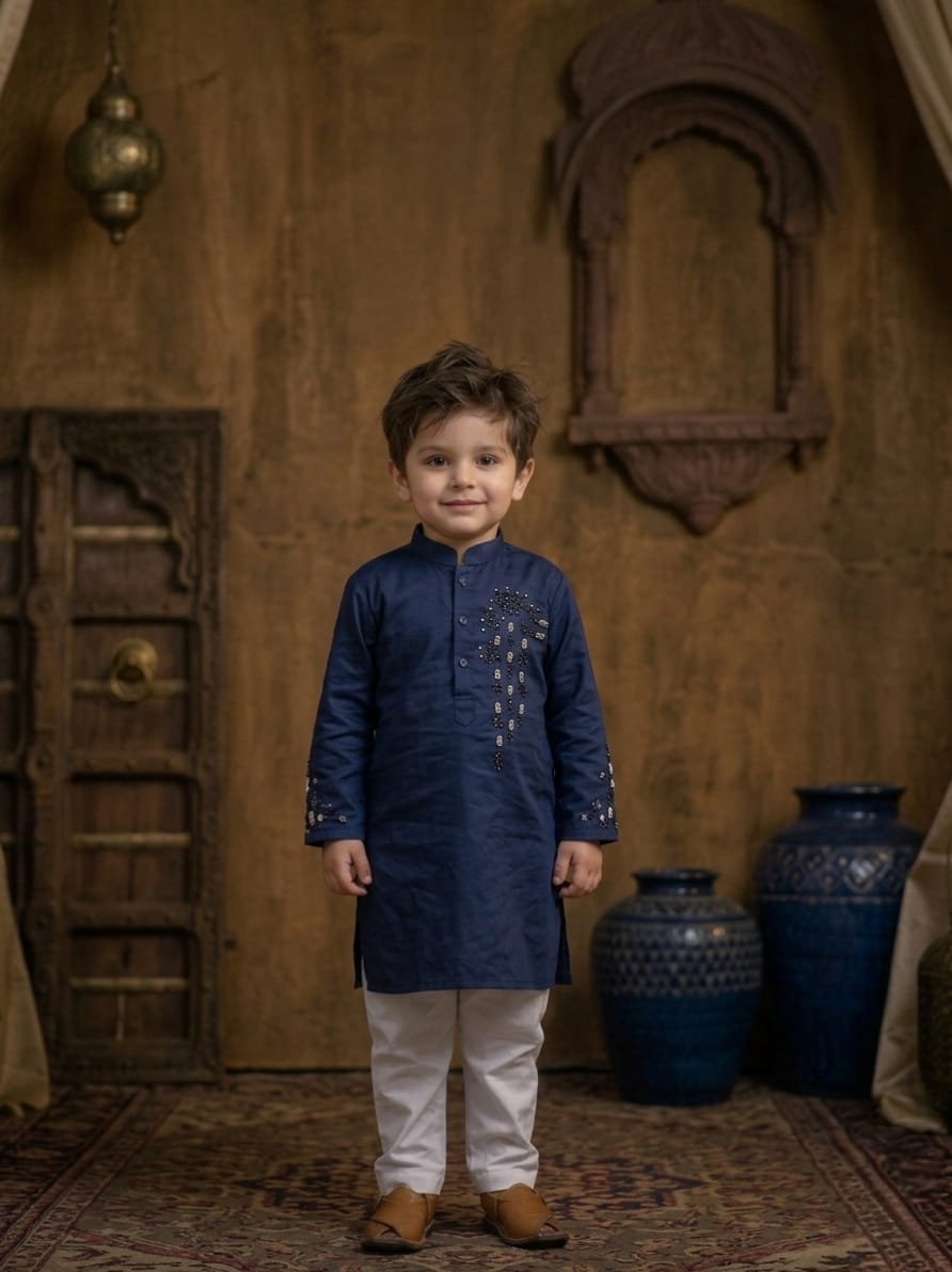Father-Son Blue Emroidered Kurta Pajama Combo Set