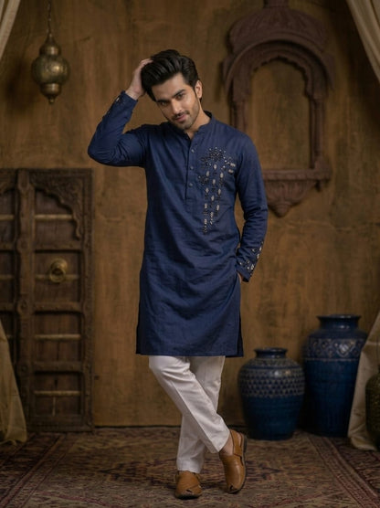 Father-Son Blue Emroidered Kurta Pajama Combo Set