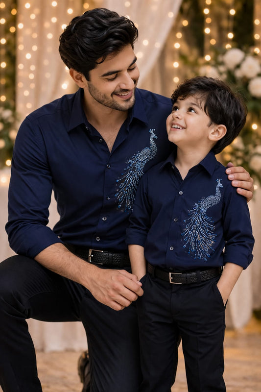 Blue Peacock Embellished| Father-Son Matching Shirt Combo