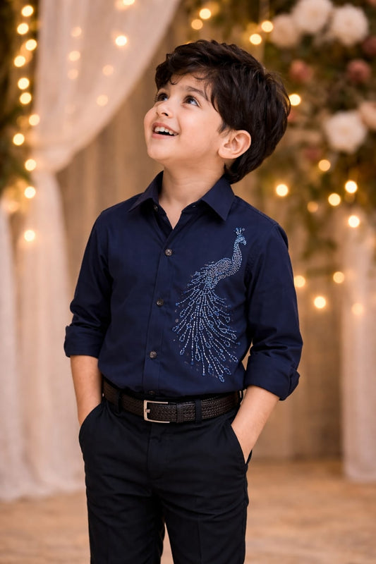 Blue Peacock Embellished | Shirt For Boys