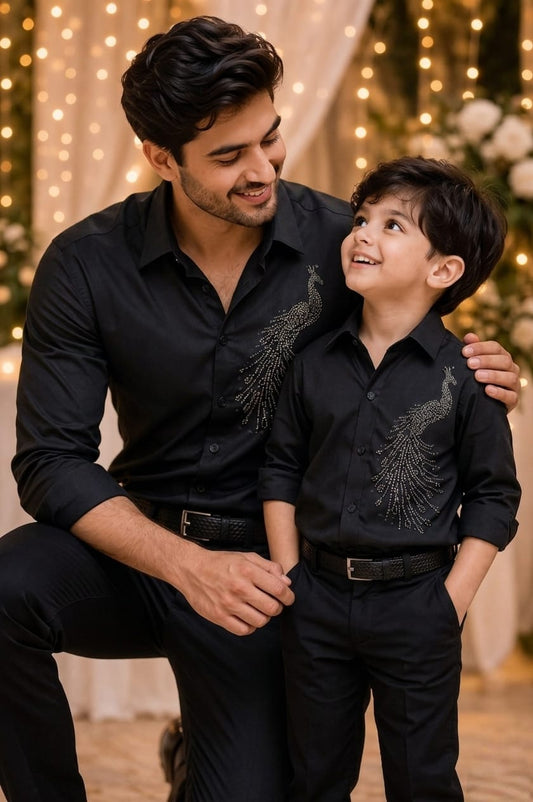 Black Peacock Embellished | Father-Son Matching Partywear Shirt