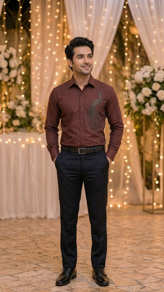 mahroon  peacock embelished mens shirt