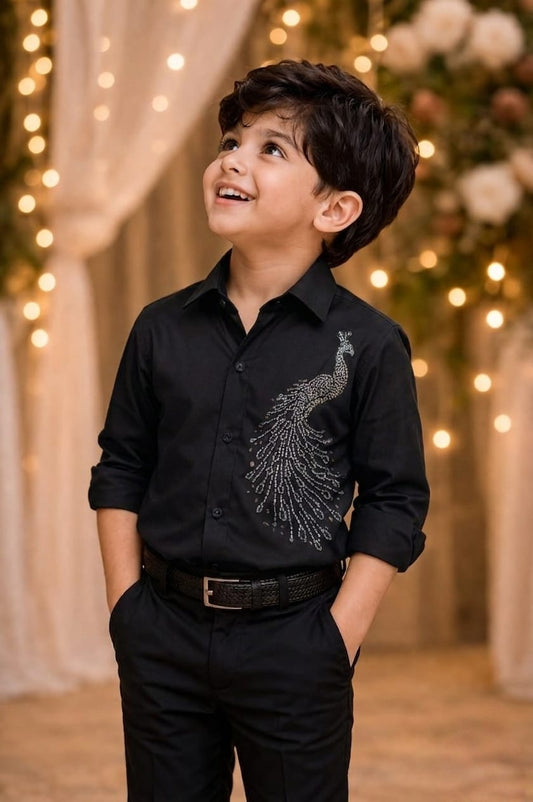 black peacock embelished boys  shirt