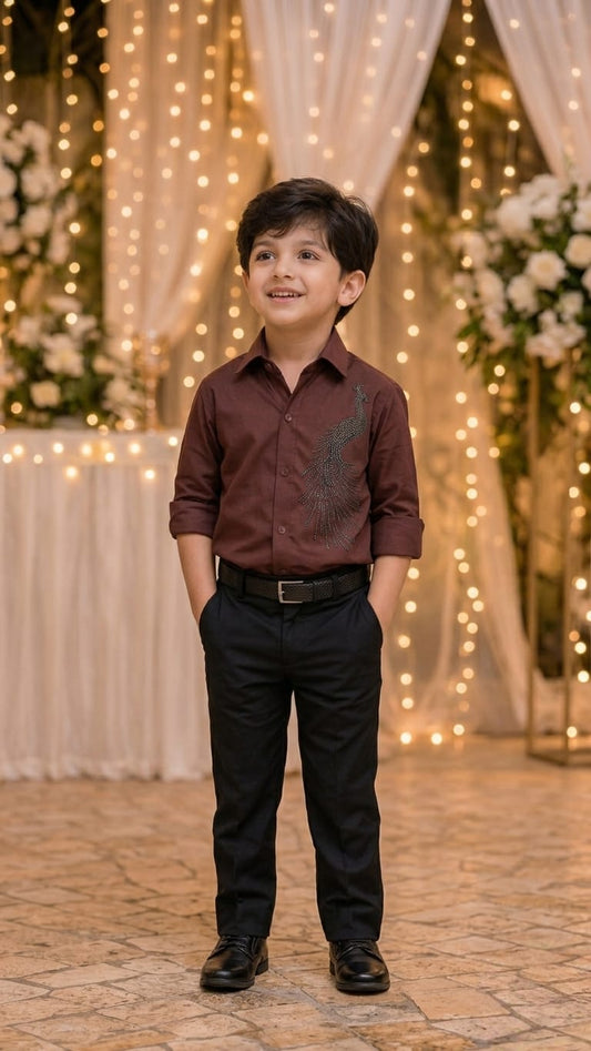 Maroon peacock embelished boys shirt