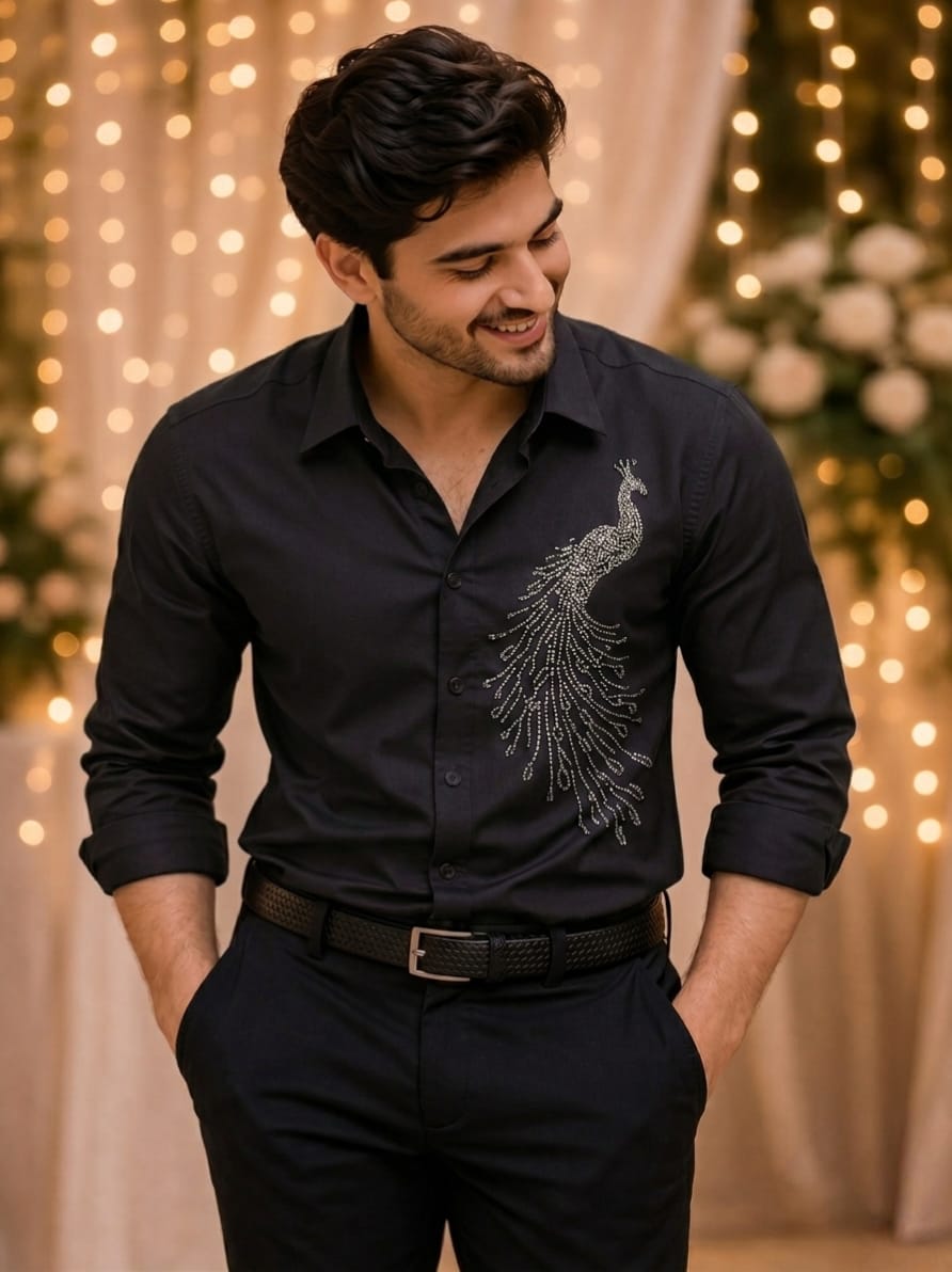 Black Peacock Embellished | Father-Son Matching Partywear Shirt
