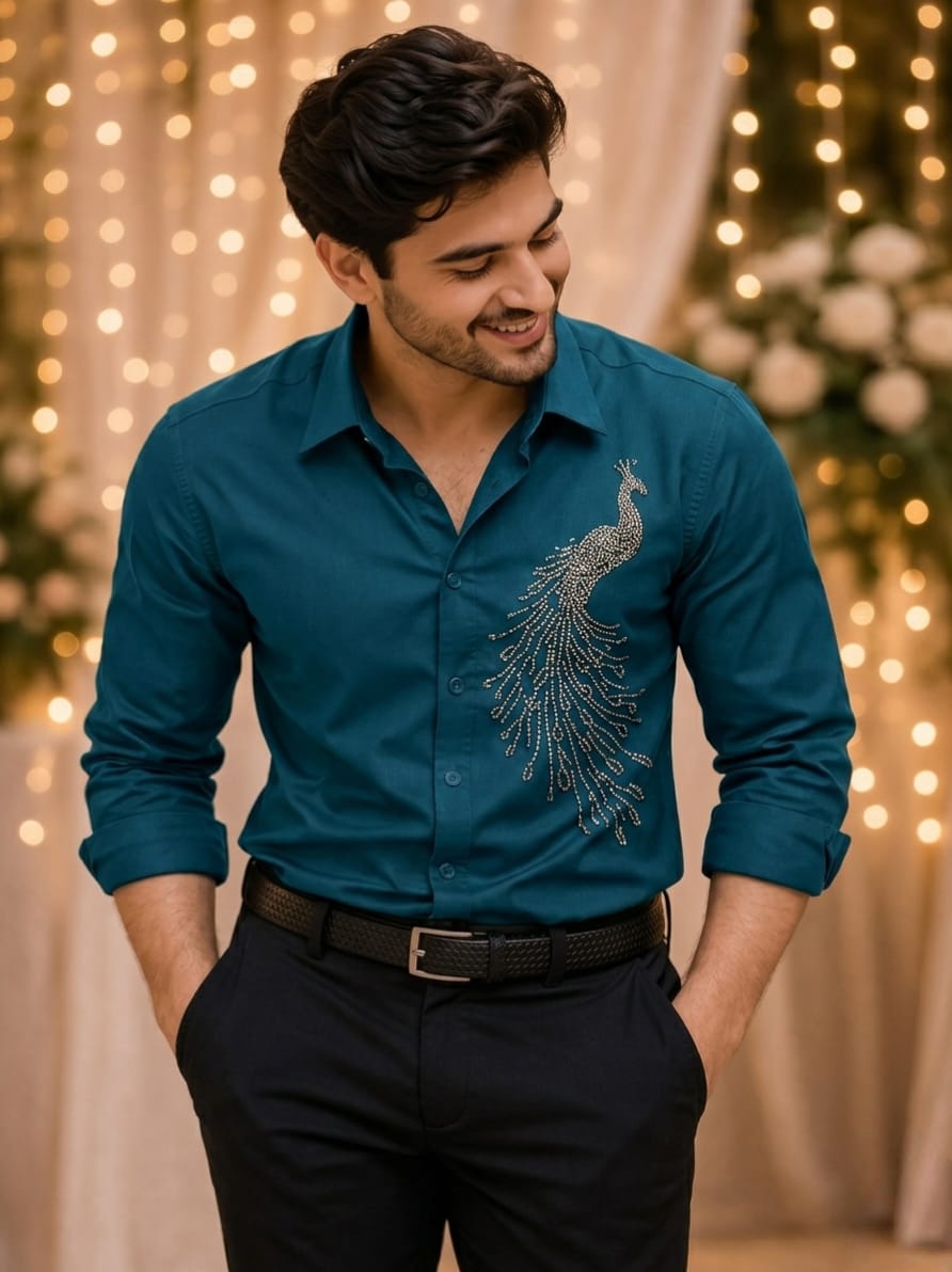 Teal Blue Peacock Embellished | Father-Son Matching Partywear Shirt