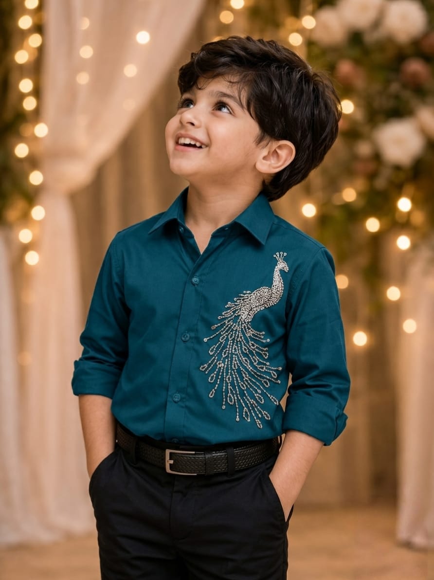 tealblue peacock embelished boys  shirt