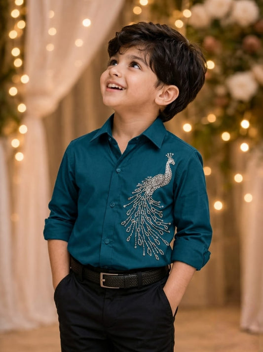 tealblue peacock embelished boys  shirt