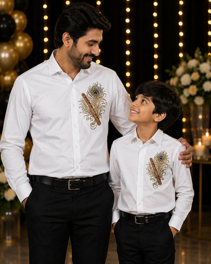 White Feather Embellished | Father-Son Partywear Shirt